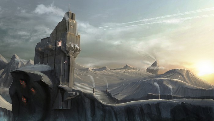 Futuristic industrial complex on a desolate, mountainous terrain