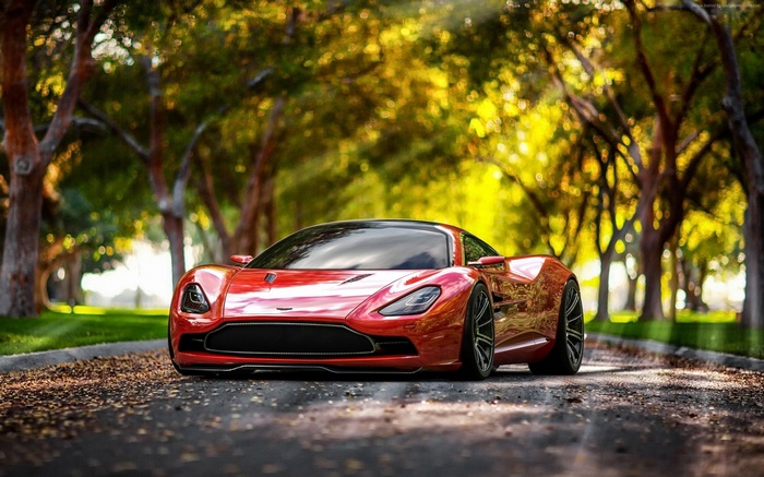 luxury cars, leaves, Aston Martin DBC, wallpaper, supercar, red, concept, 4k, sports car, autumn, Aston Martin