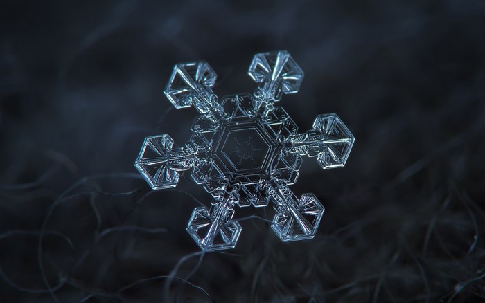 Close-up of a symmetrical snowflake on a dark background