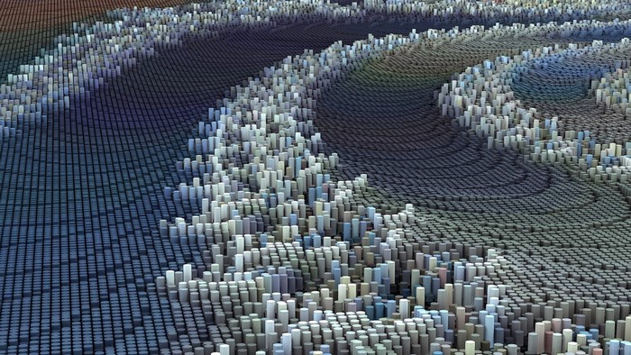 Abstract 3D digital art landscape with city-like structures