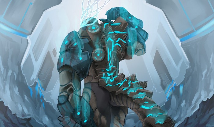 Mecha creature with blue glowing circuits in a futuristic environment