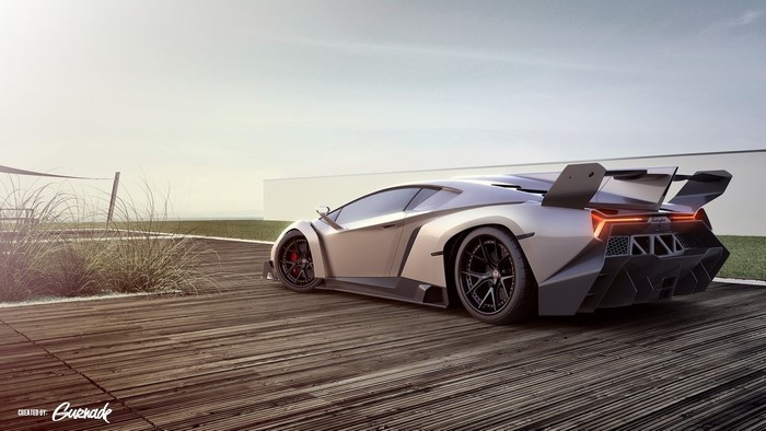 Lamborghini Veneno parked on a wooden deck