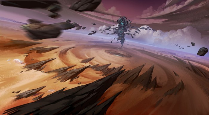 Fantasy art of a desert landscape with a swirling vortex and floating rocks