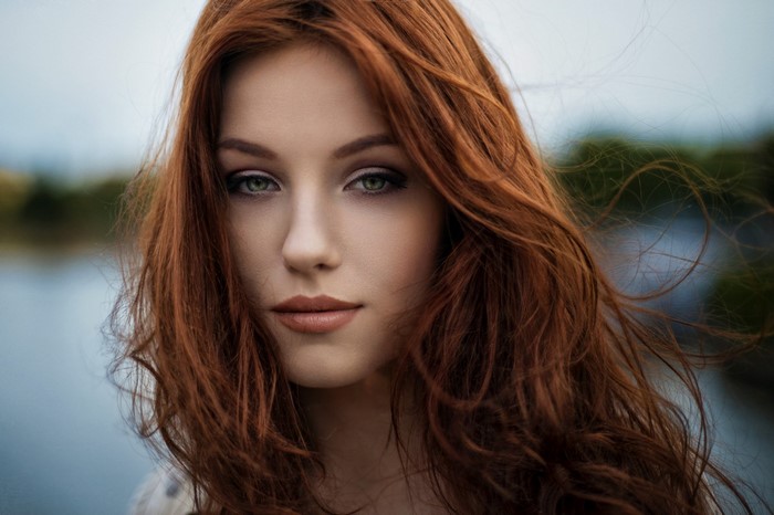 face, women, redhead, model, portrait, long hair, red, green eyes ...