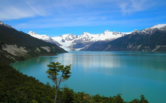 Turquoise lake with snow-capped mountains and trees