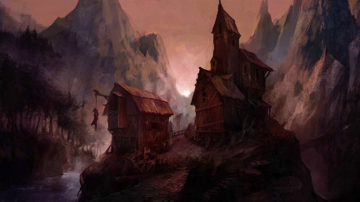 Concept art of a dark village with a hanging body