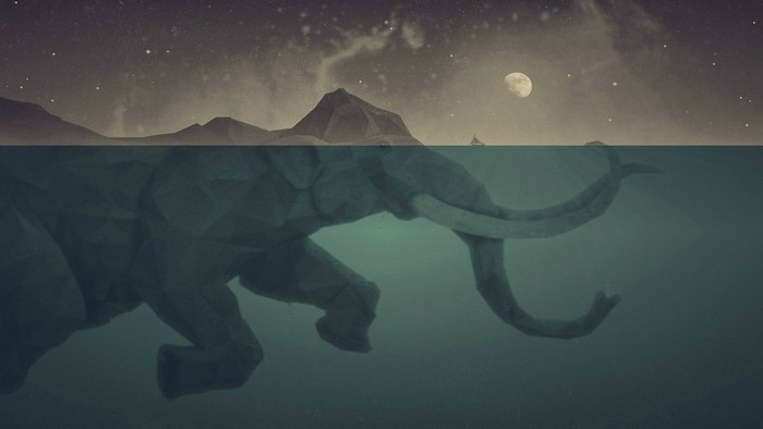 Elephant underwater with moon and mountains