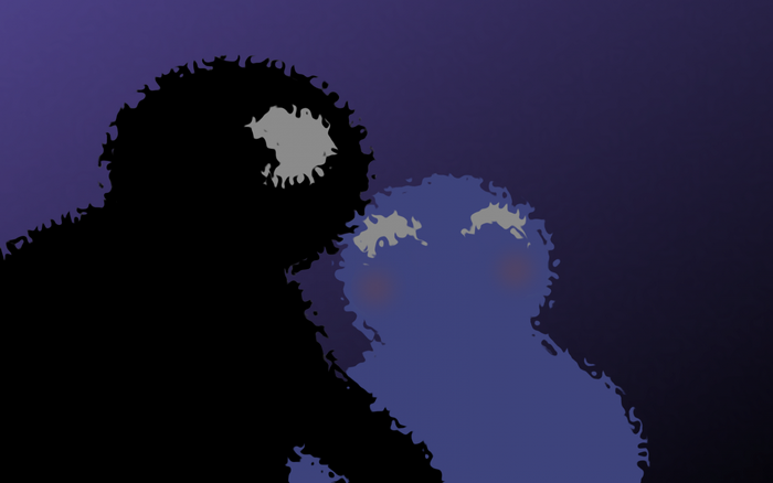 Two abstract figures, one black and one blue, against a dark purple background