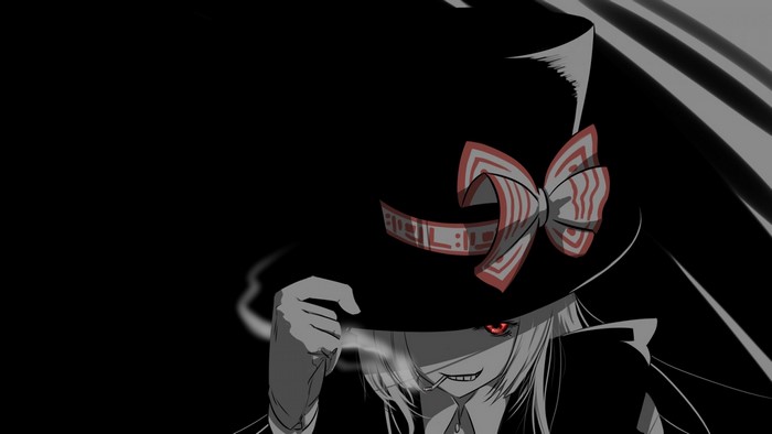 Anime character with red eyes and a hat