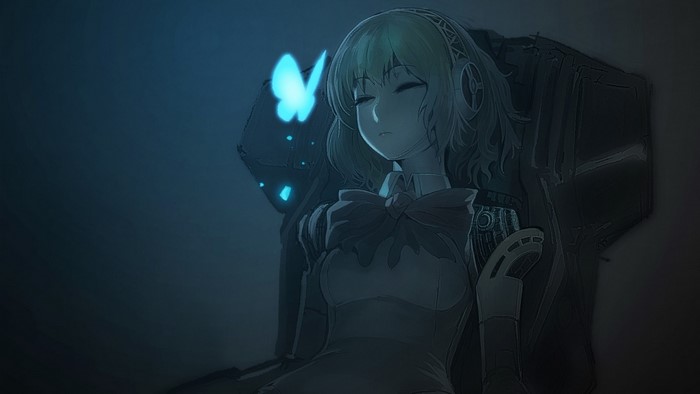 Aegis from Persona 3 sitting in darkness with a blue butterfly