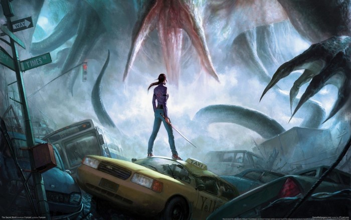 Woman with Katana facing monster in apocalyptic Times Square