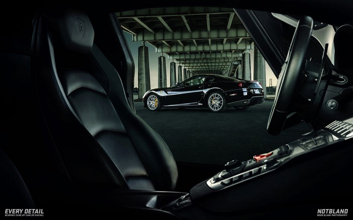 Black Ferrari sports car interior and exterior view