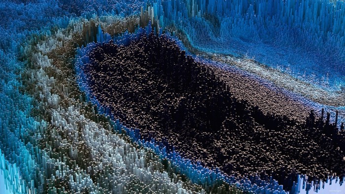 Abstract 3D digital art of terrain with blue and dark colors