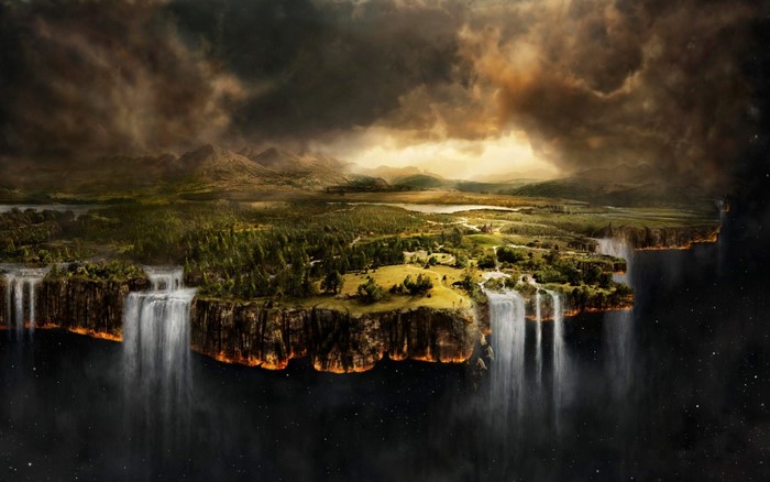 Floating islands with waterfalls in space under stormy clouds