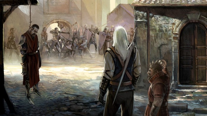 Geralt of Rivia from The Witcher in a medieval town square