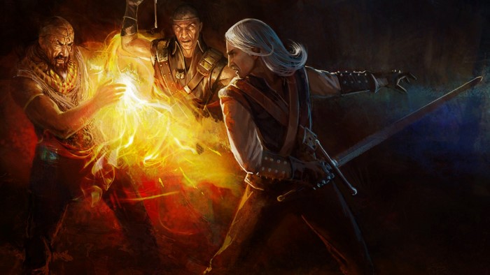 Geralt of Rivia from The Witcher fighting enemies