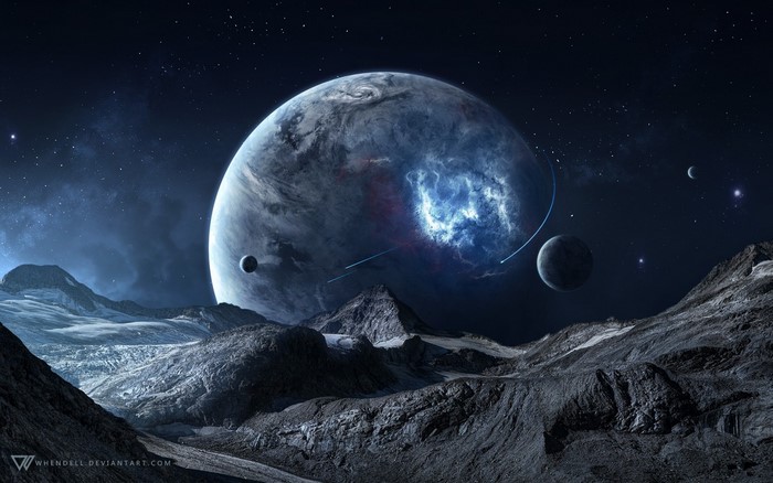 Alien planet landscape with large planet and moons