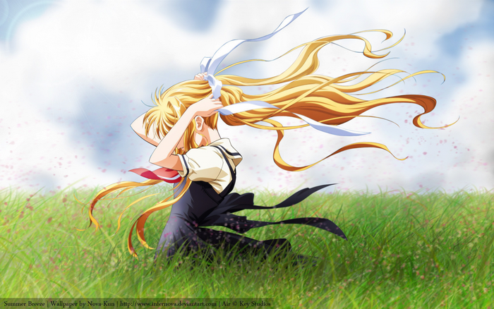 Anime girl with blonde hair in a field