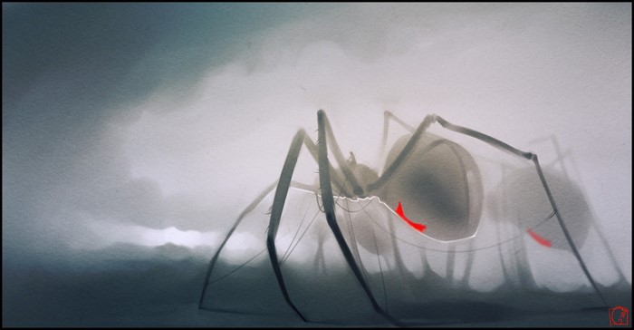 Drawing of a large spider with red markings