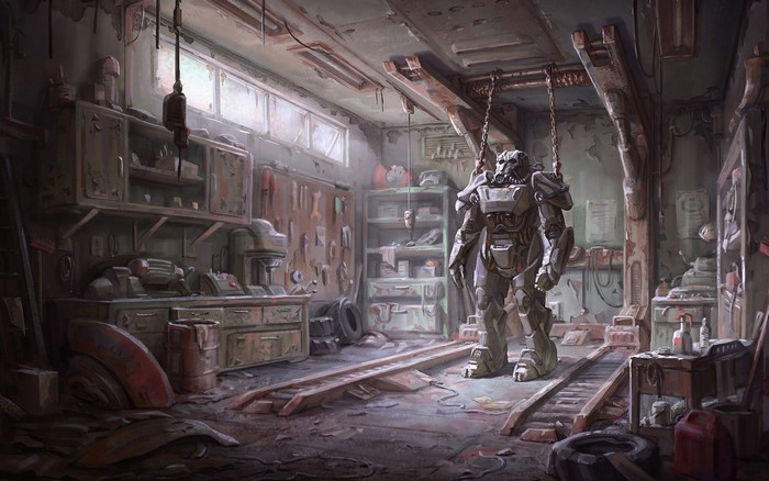 Power Armor in a workshop, Fallout 4 concept art