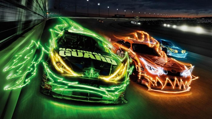 Nascar Race Cars with Neon Light Effects at Night
