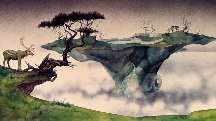 Floating islands with deer and trees in watercolor