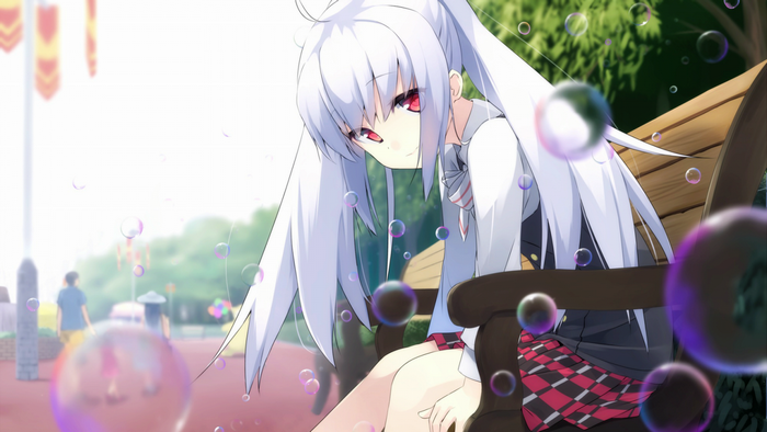 Isla from Plastic Memories sitting on a bench with bubbles