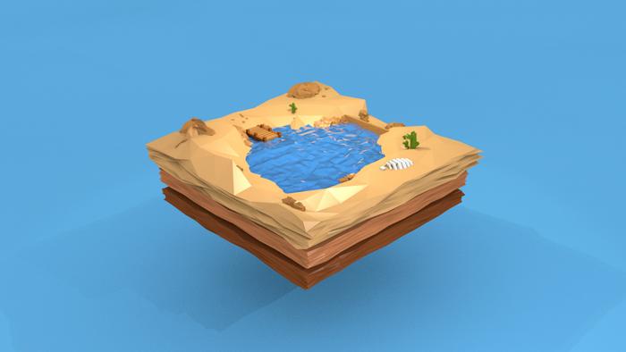 Low poly desert oasis island with skeleton
