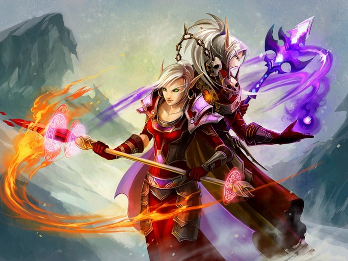 Two female elves from Warcraft with magic staffs