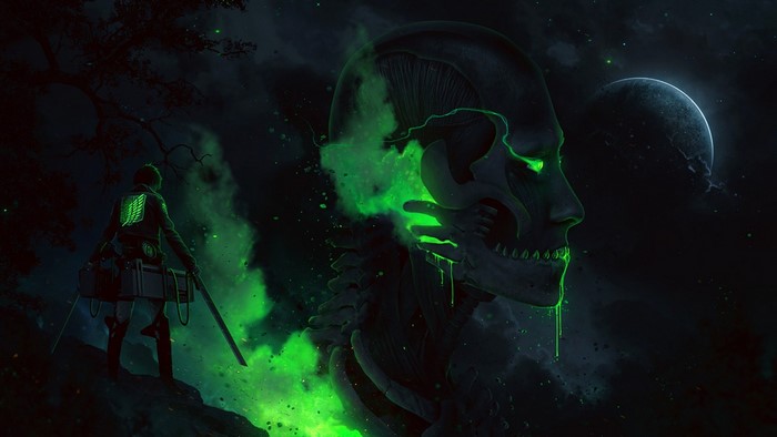 Character from Shingeki no Kyojin and Titan skull in space