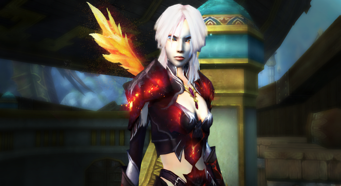 Fictional character with fiery wings in armor