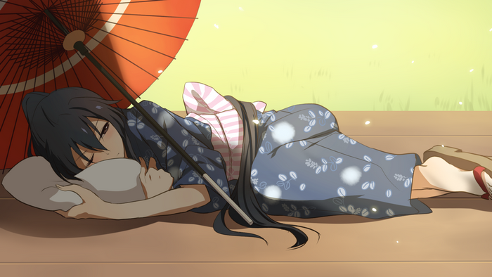 Anime girl in kimono sleeping under umbrella