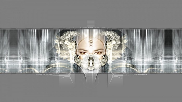 Digital art of a person with a mask and ornate headpiece