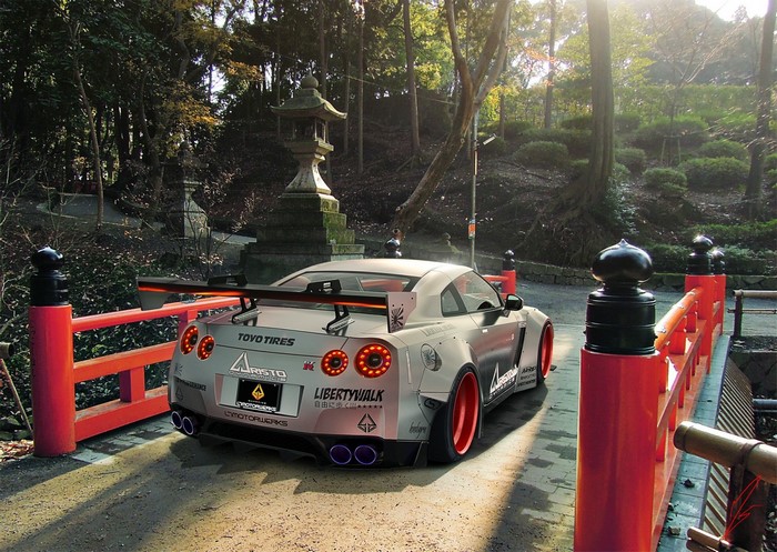 Nissan GT-R with Liberty Walk body kit on a bridge