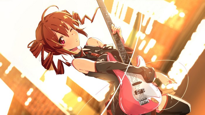 Anime girl playing a pink electric guitar