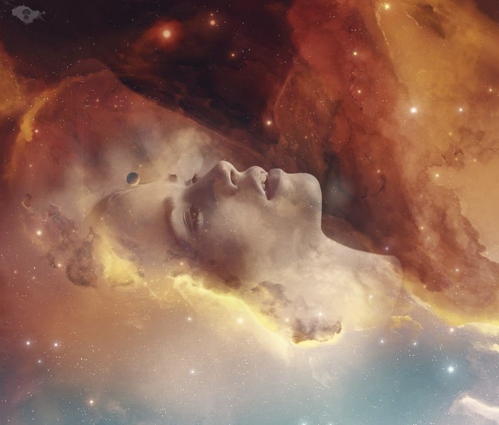 Face emerging from a galaxy nebula