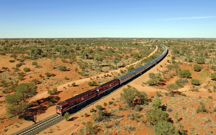The Ghan train traveling through the Australian Outback