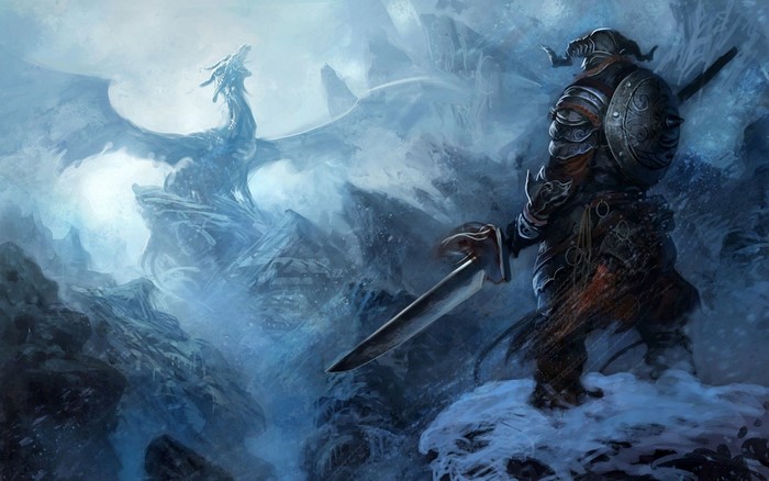 Dragon and warrior in snowy mountains from The Elder Scrolls V Skyrim