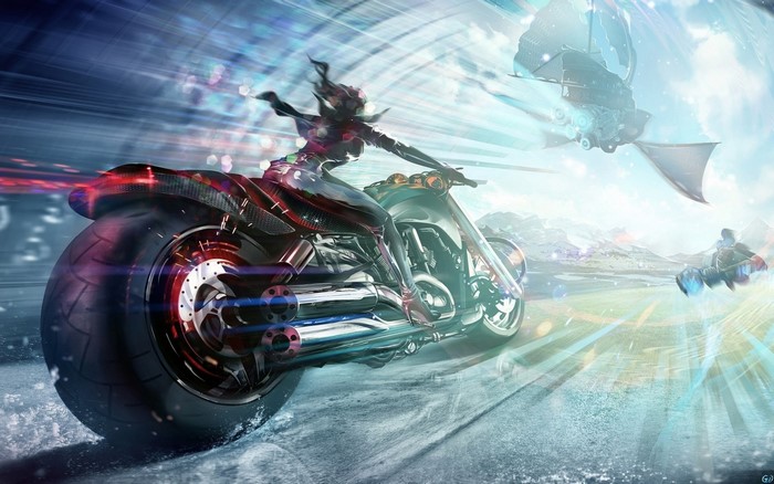 Futuristic motorcycle race with flying ship