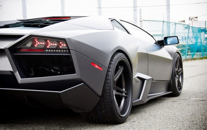 Matte grey Lamborghini Reventon rear view