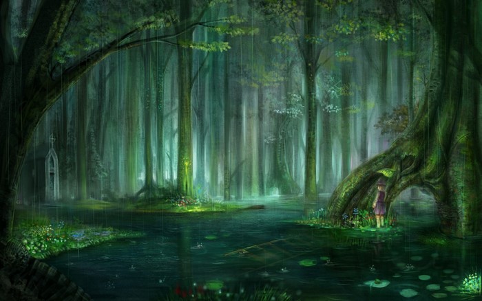 A girl in a magical forest during a rainstorm