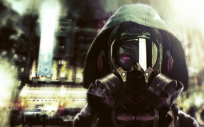 Anime character in gas mask and hood