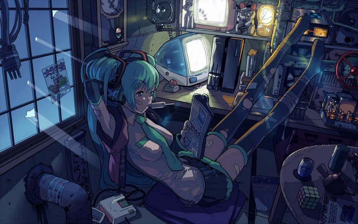 Hatsune Miku in a cluttered room with retro computers