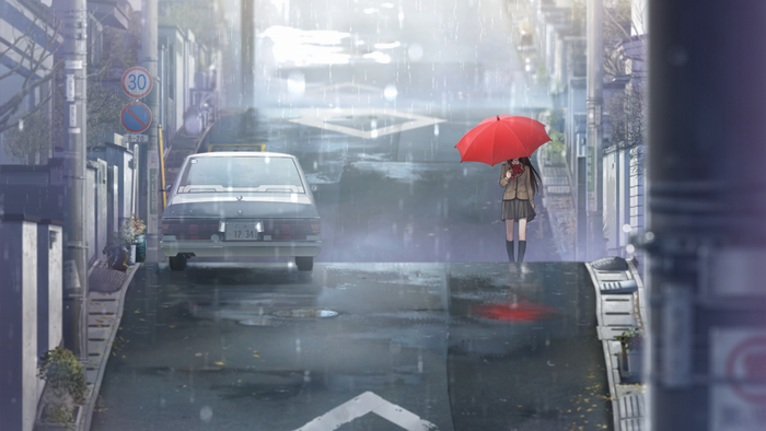 Anime girl with red umbrella in the rain on a street