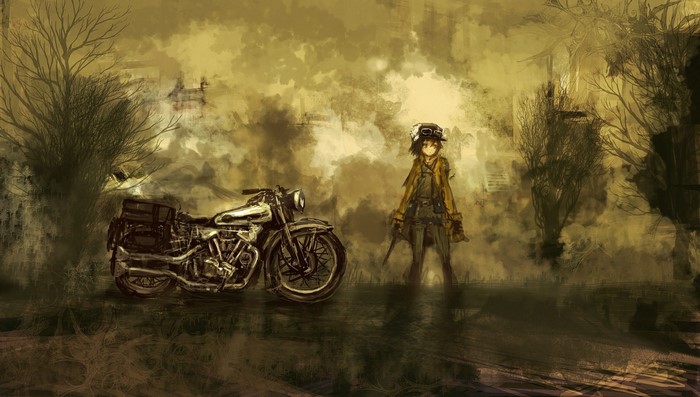 Kino's Journey: Girl with Motorcycle in Misty Landscape