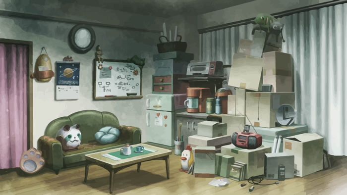 Steins;Gate room with furniture and moving boxes