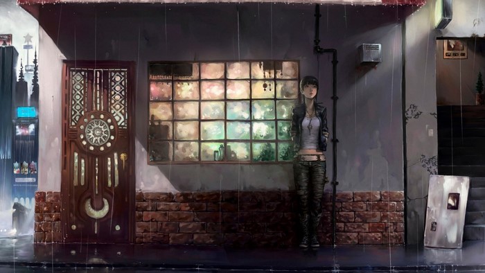 Anime girl standing in the rain outside a shop