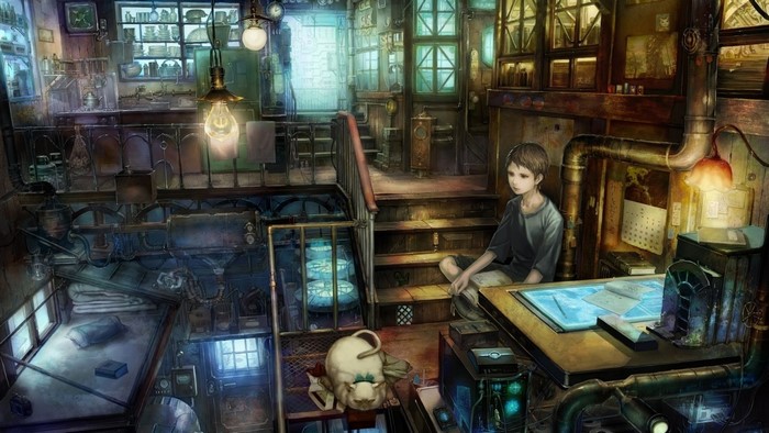 Boy in a cluttered workshop with blueprints