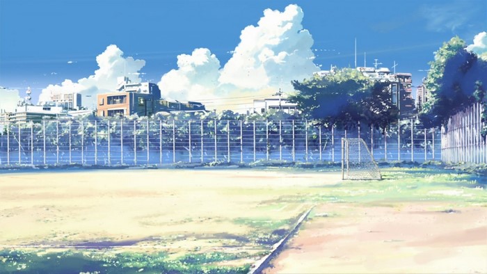 Anime school sports field with buildings and clouds