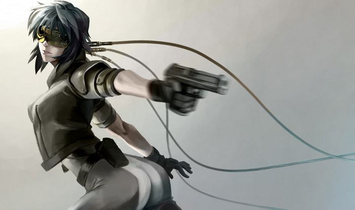 Motoko Kusanagi from Ghost in the Shell holding a gun